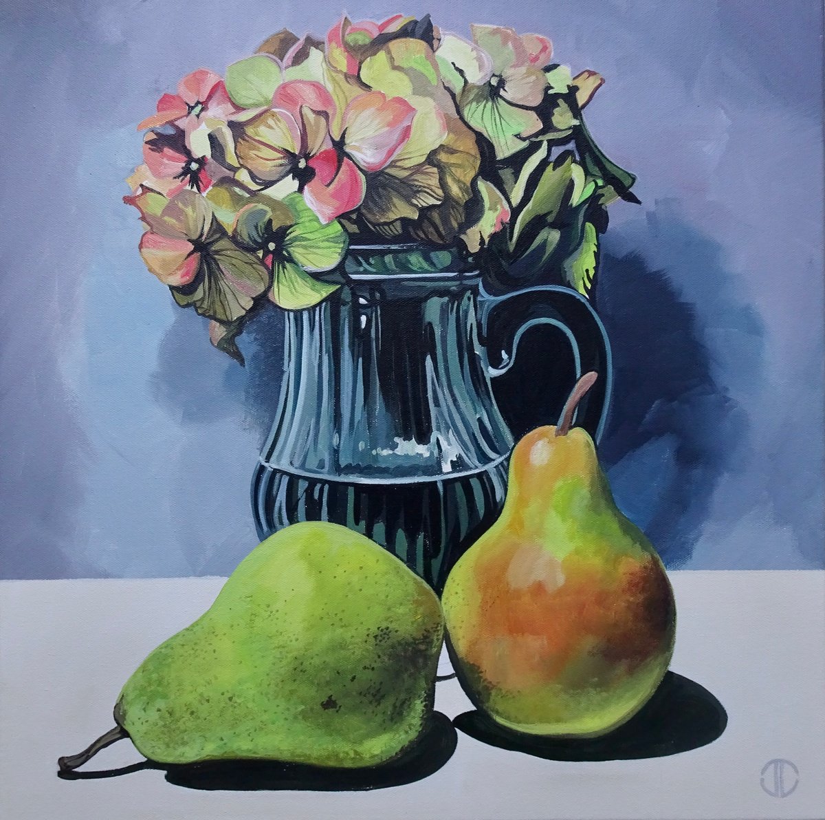 Impressionistic Still Life Acrylic Painting By Joseph Lynch, 20 X 20, Hydrangea And Fruit, Original Artwork