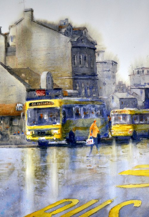 Belgrade rapsody in yellow 54x90cm 2023 by Nenad Kojić watercolorist