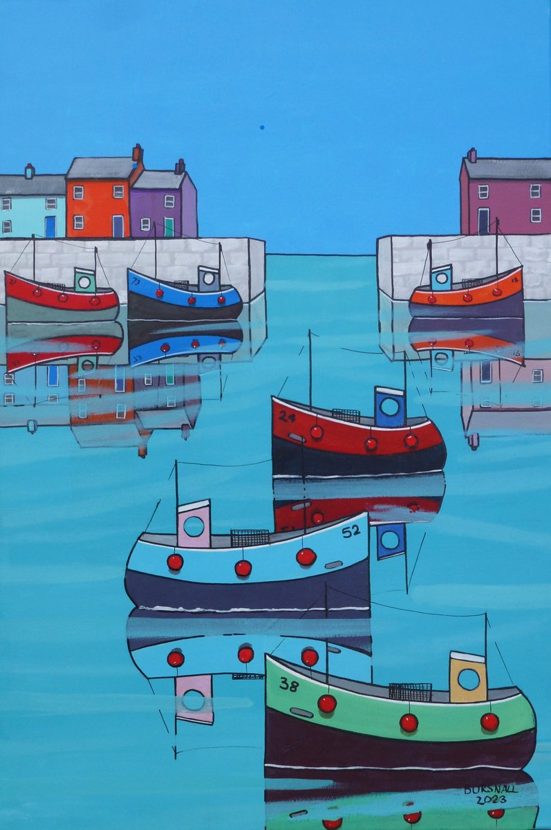 Naive Landscape Acrylic Painting By Paul Bursnall, 22 X 32", Reflective Calm, Original Artwork