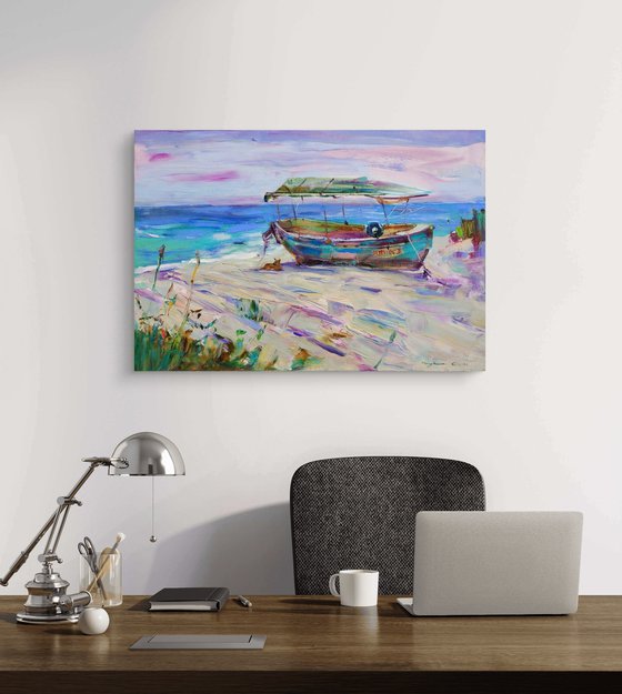 Summer . Dog and old boat