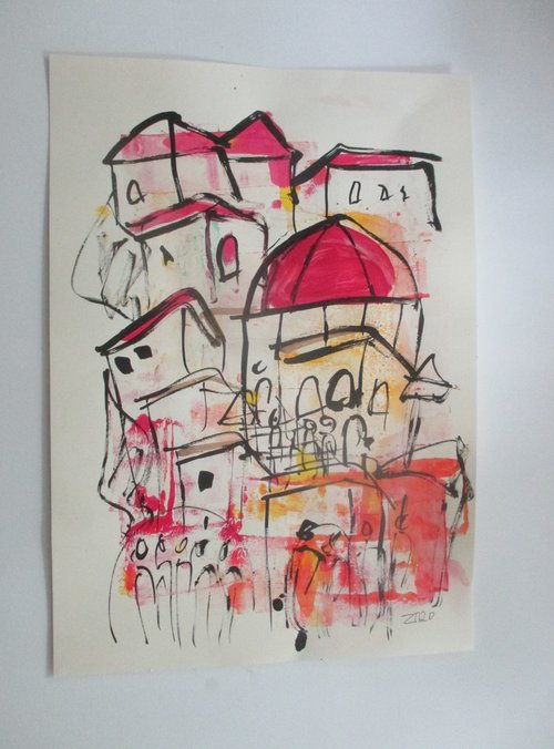 Tuscany sketch 23,6 x 16,5 inch unique mixedmedia drawing by Sonja Zeltner-Müller