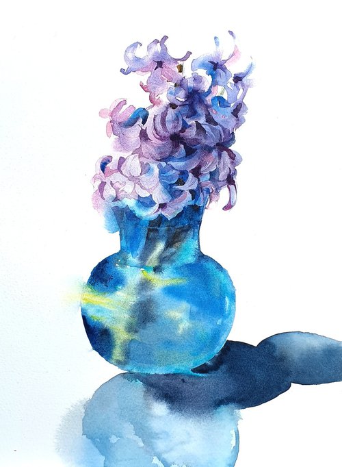 Spring Serenity: Violet Hyacinths in the azure Vase by Natasha Sokolnikova