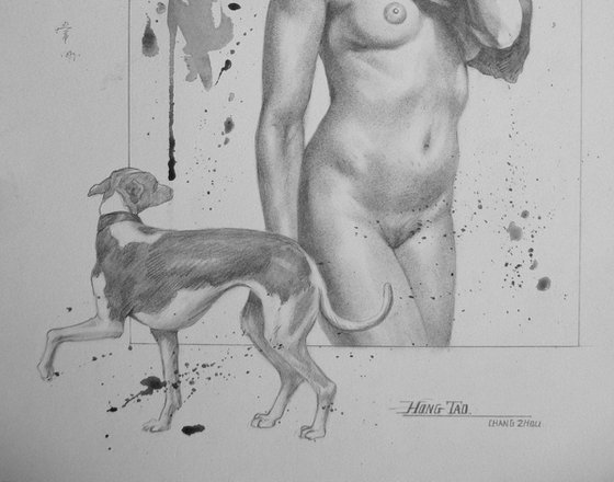 Drawing pencil naked girl and dog  #17416
