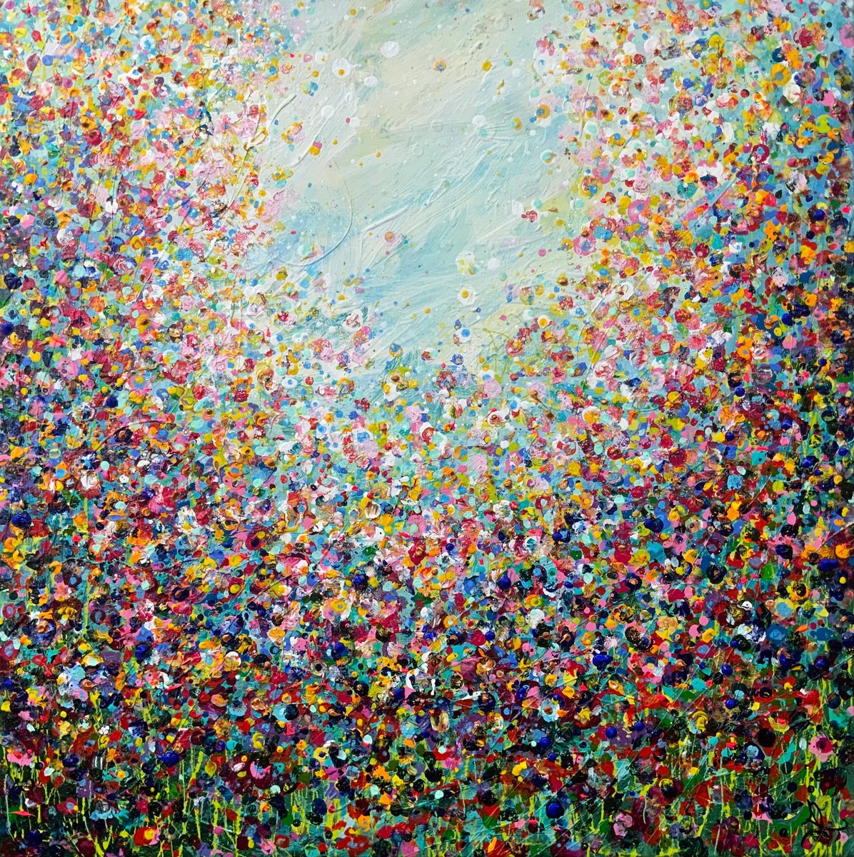 Organic Abstract Acrylic Painting By Jan Rogers, 24 X 24, Floral Dewdrops, Original Artwork