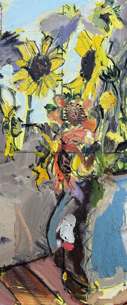 Thirteen Sunflowers in Blue Pitcher by Darren Jekel