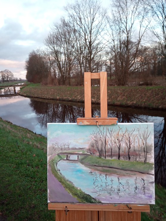 The warm winter. One of the Netherlands canals. Plein Air