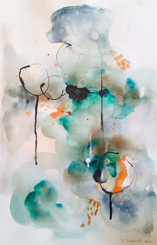 Orange Garden / Abstract on paper by Evgenia Smirnova