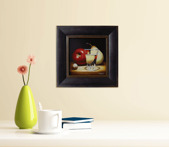 Red apple and pear by transparency