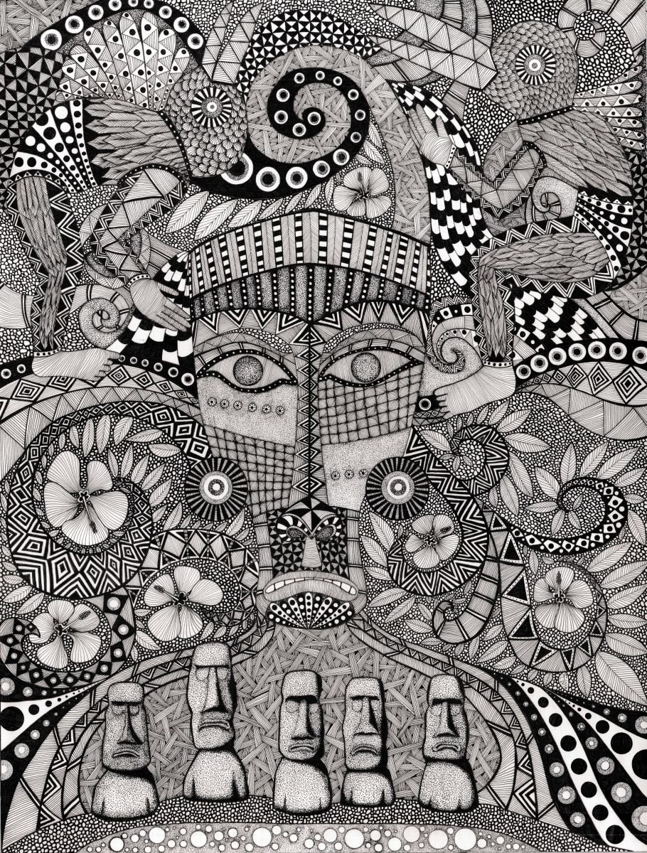 Illustrative Abstract Ink Drawing By Terri Smith, 24 X 30", Ancient Faces: Rapa Nui, Original Artwork