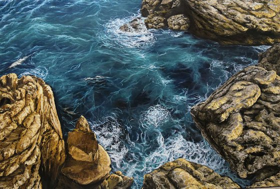 "Oceanic Paradise" 100 x 150 cm- large oil painting on linen canvas photorealism realism water ocean waves rocks