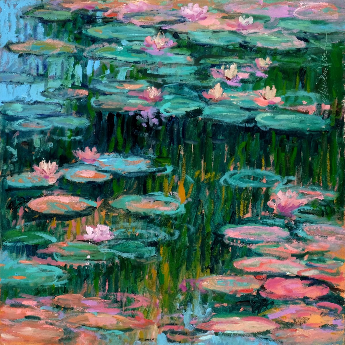 Impressionistic Landscape Oil Painting By Richard Mierniczak, 20 X 20", Nenuphars 3., Original Artwork