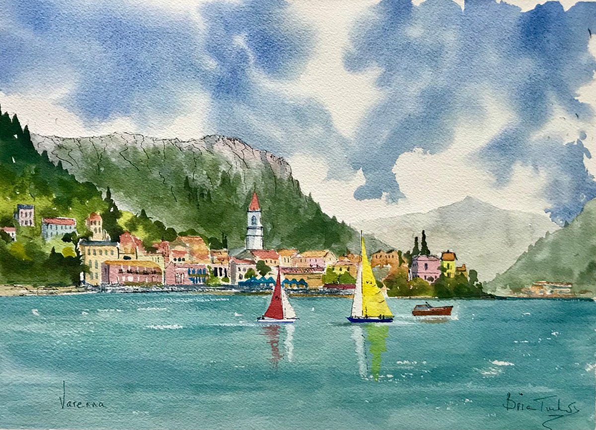 Expressive Landscape Watercolour By Brian Tucker, 14 X 10, Varenna, Lake Como, Original Artwork
