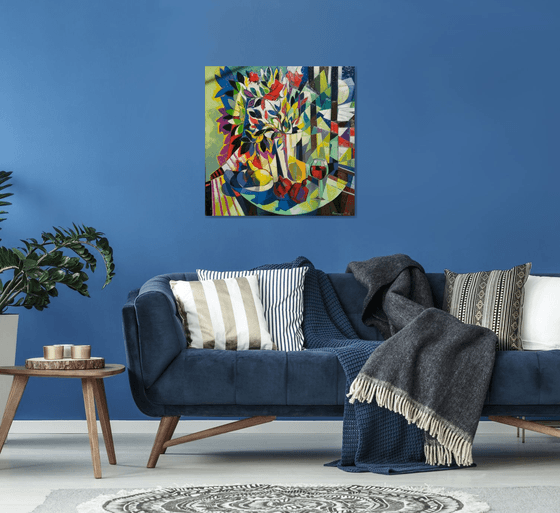 Still life with wine and pomegranates (80x80cm, cubism, oil painting, ready to hang)
