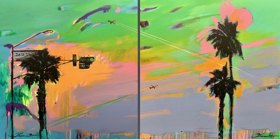 Big XXL artwork - "Green light" - Pop Art - Palm - Diptych - Street Art - Expressionism - Sunset