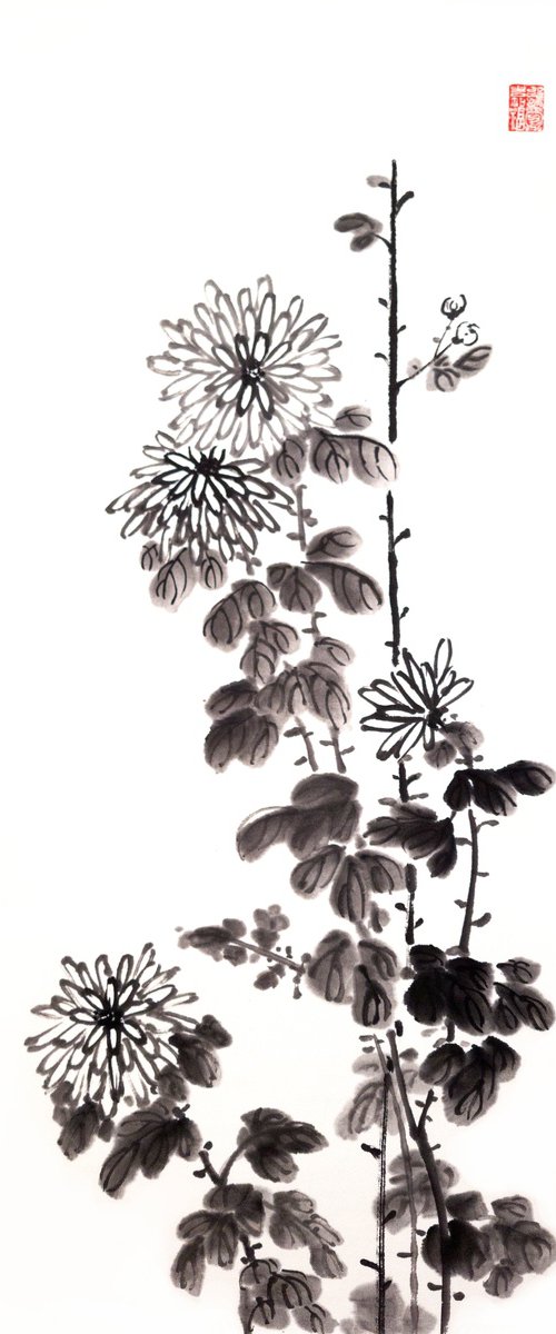 Chrysanthemums - Oriental Chinese Ink Painting by Ilana Shechter