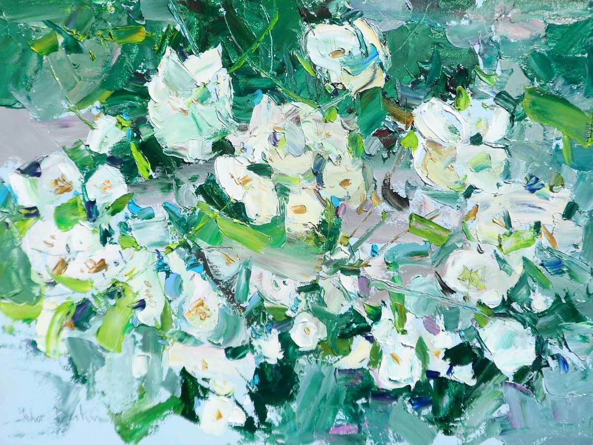 Impressionistic Botanical Oil Painting By Yehor Dulin, 16 X 12", " Jasmine Flower ", Original Artwork