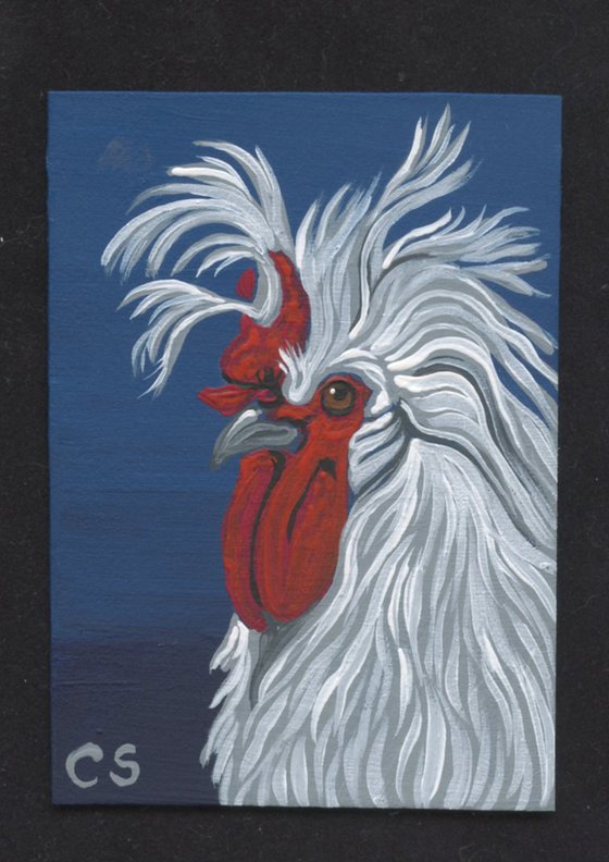 ACEO ATC Original Miniature Painting Fancy White Chicken Farmyard Art-Carla Smale