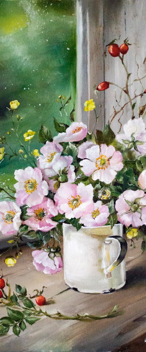 "Wild roses on the window" oil painting on canvas by Tetiana Tiplova