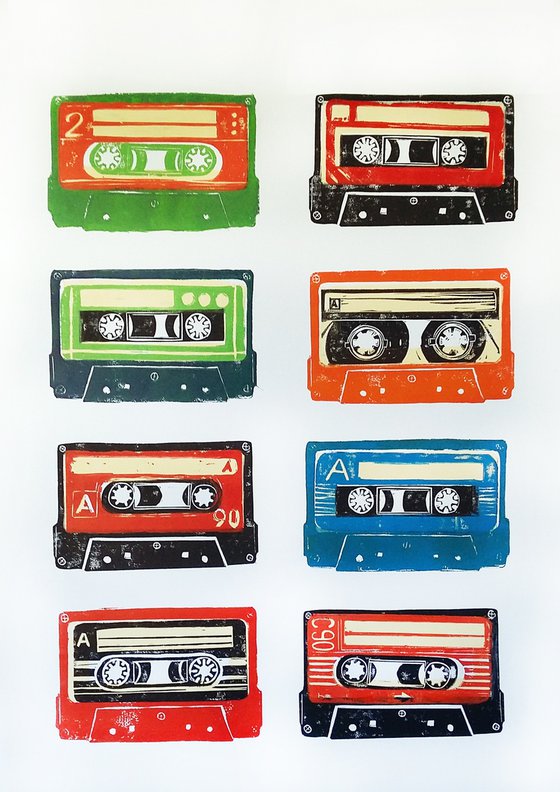 Linocut cassette tapes #64