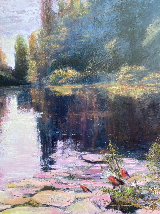 'Water Lilies III' Impressionistic Impasto Large Oil painting