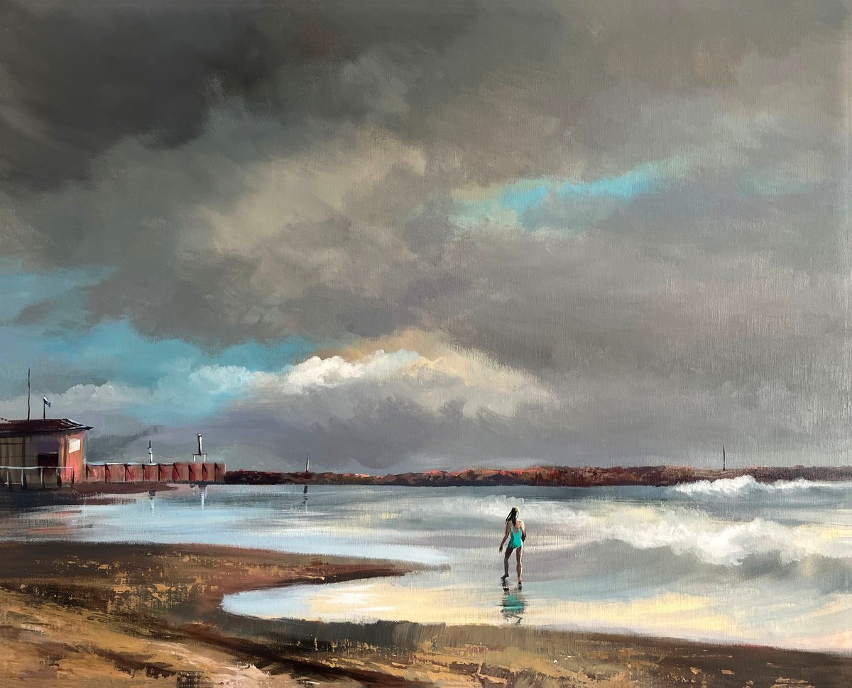 Impressionistic Landscape Acrylic Painting By Maria Kireev, 31 X 25", Winter In Tel Aviv, Original Artwork