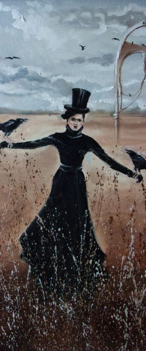 " HOUSE OF CROWS... "- flowers  liGHt  ORIGINAL OIL PAINTING, GIFT, SURREALISM by Monika Luniak