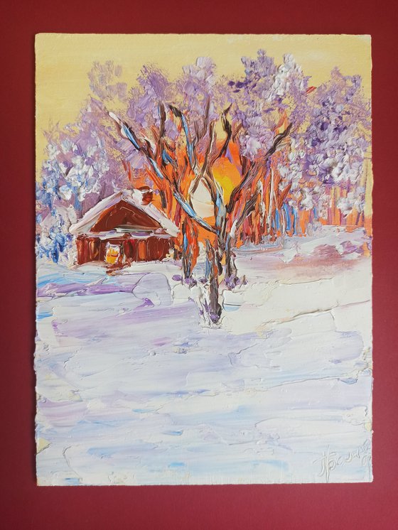 House in the winter forest at sunset Painting