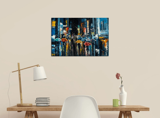 "Street of the night city" people with umbrella , original oil painting