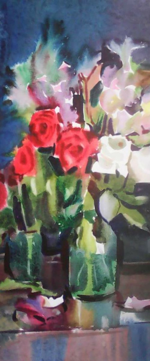 Bouquet, large watercolor painting 68x98 cm by Valentina Kachina