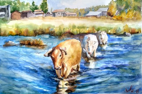 Cow painting - rural life by Ann Krasikova