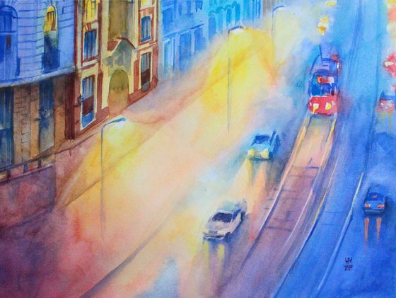 Watercolor evening cityscape