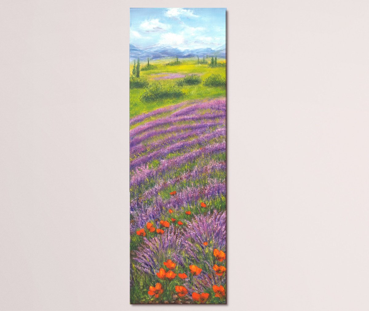 Photorealistic Landscape Oil Painting By Ludmilla Ukrow, 8 X 24", Lavender Field, Original Artwork
