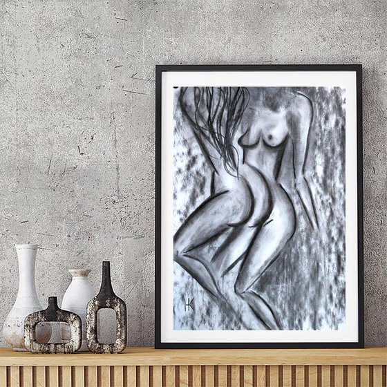 Lesbian Painting LGBT Original Art Couple Artwork Female Nude Drawing Woman Nude Charcoal Sketch Erotic Painting Home Wall Art 13 by 18" by Halyna Kirichenko