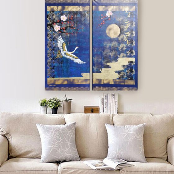 Japanese crane sun Japan Hieroglyph blue original artwork J125 large acrylic painting wall art for Lounge, Office or above sofa