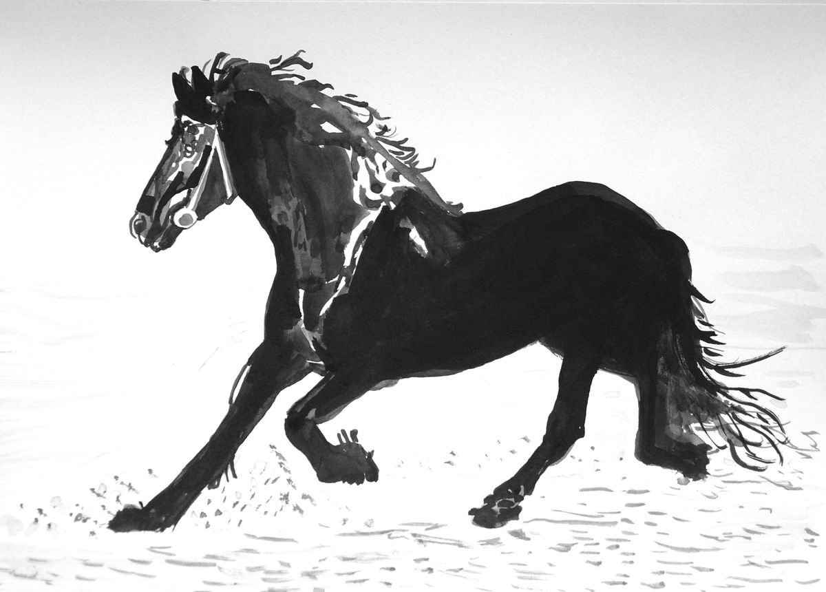 Urban And Pop Animal Ink Drawing By Alexandra Djokic, 17 X 12, Horse, Original Artwork