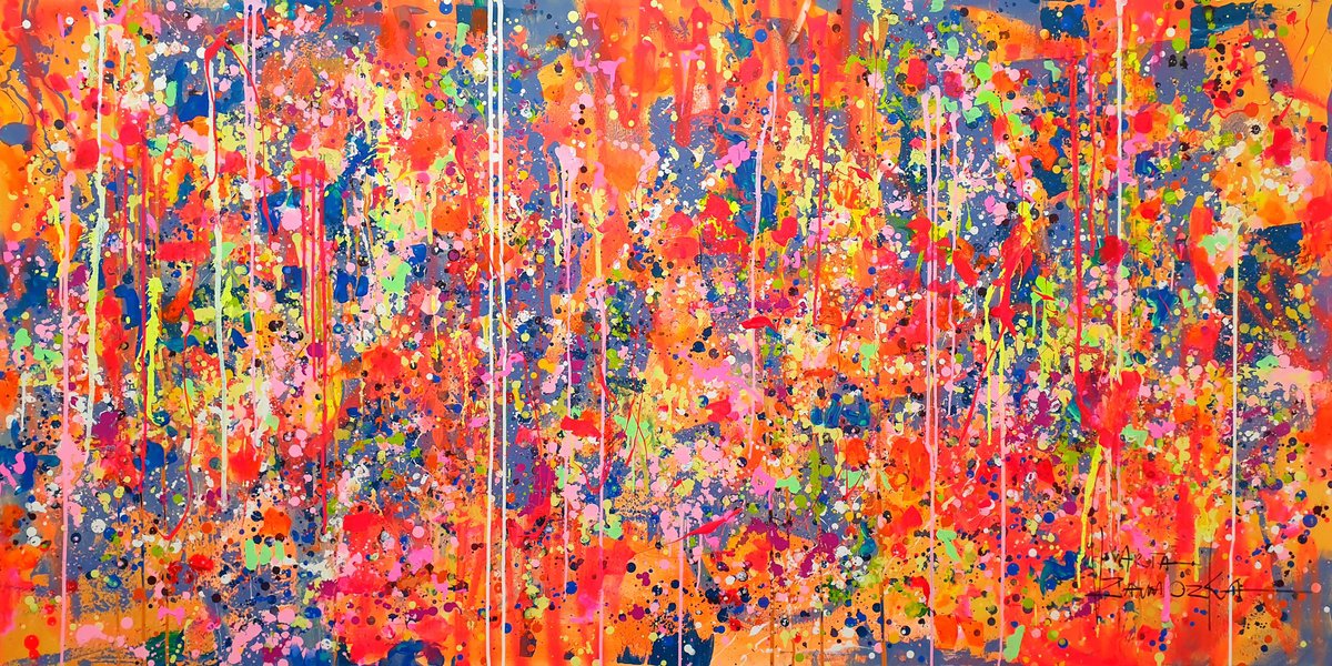 Impressionistic Abstract Acrylic Painting By Marta Zawadzka, 79 X 39", Garden, Original Artwork