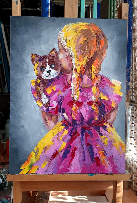 Pink dress - little girl, childhood, child, oil painting, kids, girl, cat, for childs room, for kids, happy childhood, children