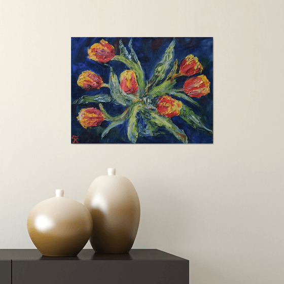 Oil original painting on canvas Flowers tulips