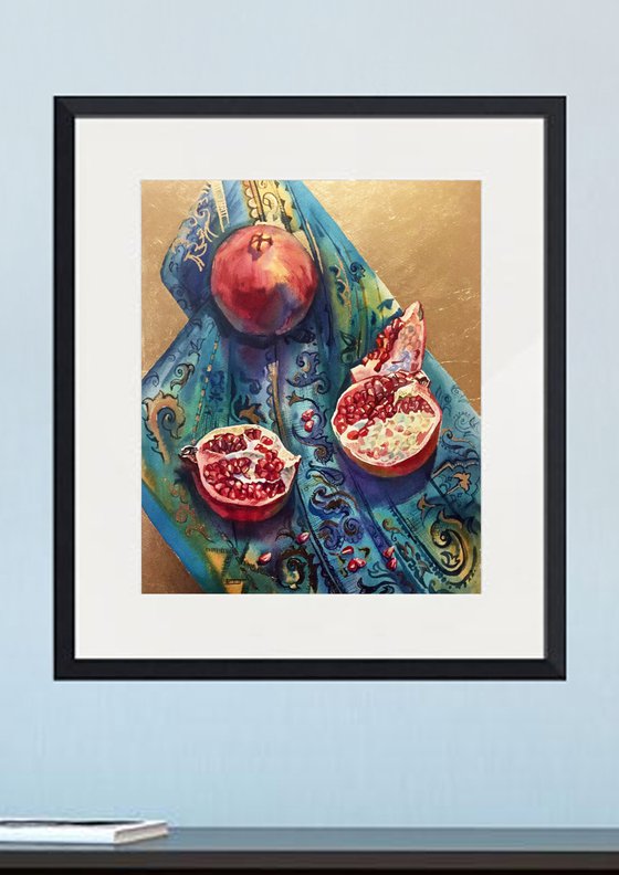 Pomegranates. Bright still life with red fruit. Pomegranate fruit