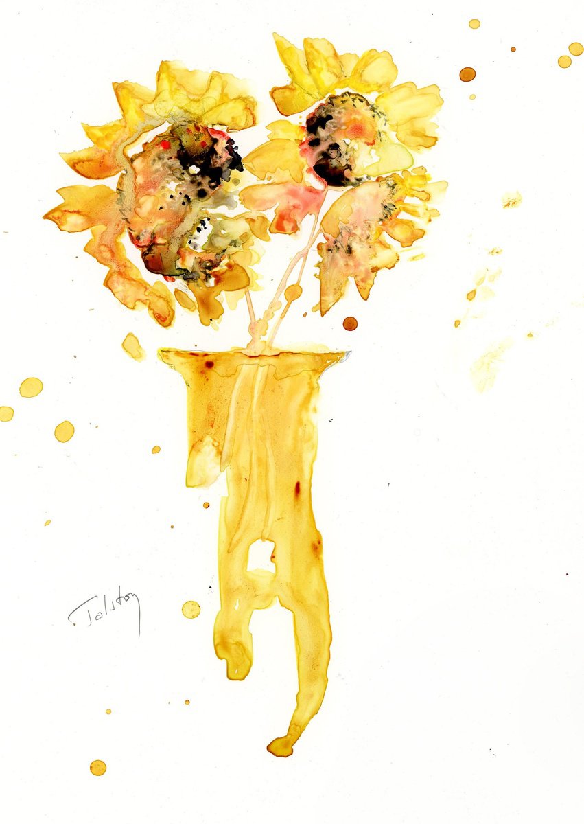 Impressionistic Botanical Watercolour By Alex Tolstoy, 9 X 12, Sunflowers In A Vase On Yupo, Original Artwork
