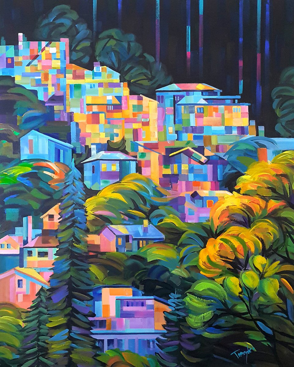 Abstract Landscape Acrylic Painting By Trayko Popov, 31 X 39", Hillside Symphony, Original Artwork