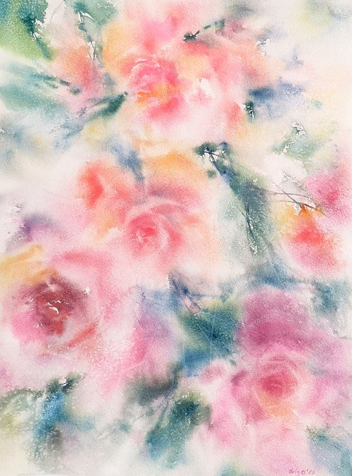 Pink roses, watercolor floral painting by Olga Grigo