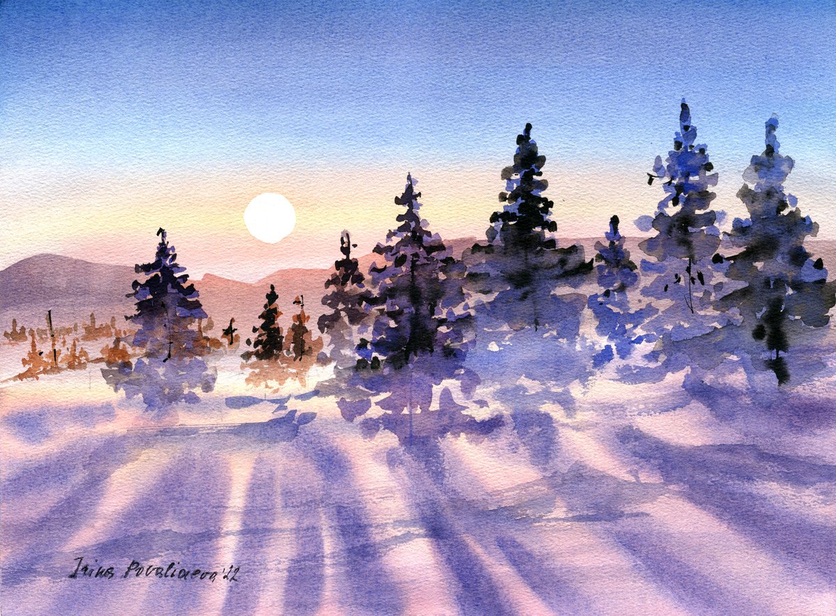 Sun and trees original winter watercolor beautiful sunset painting frosen sky and snow, co... by Irina Povaliaeva