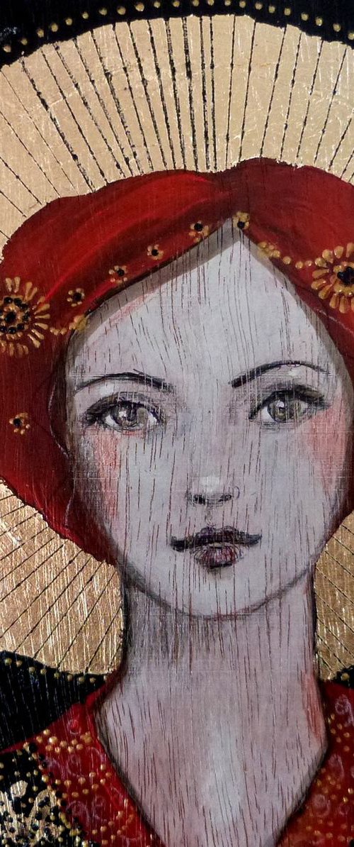 Female redhead icon on wooden panel 20 x 20 cm. "Angela." by Loetitia Pillault