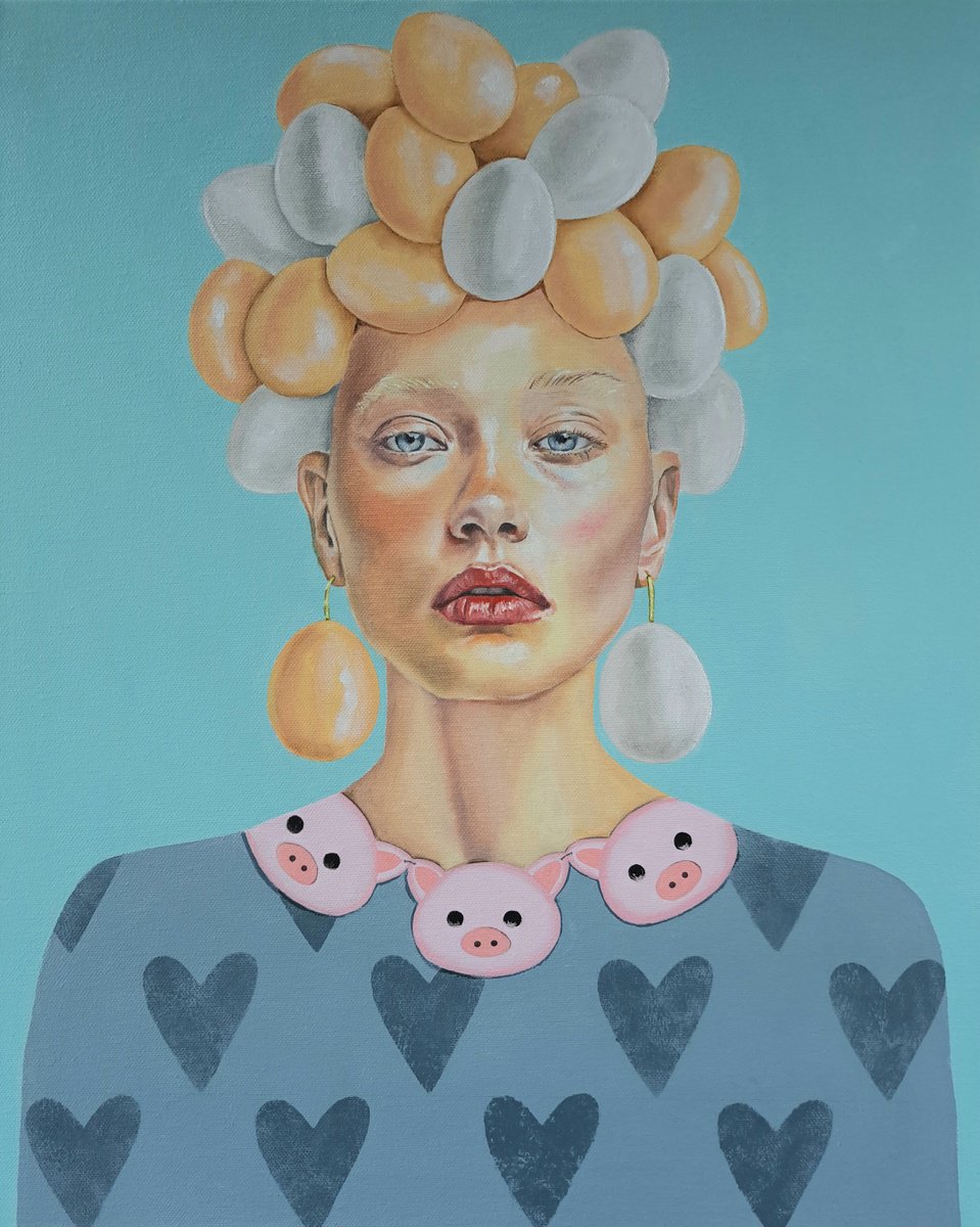 Surrealistic Portrait Painting By Lee Jenkinson, 18 X 22", Ham And Eggs, Original Artwork