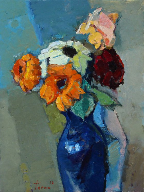 Bouquet with a blue jug