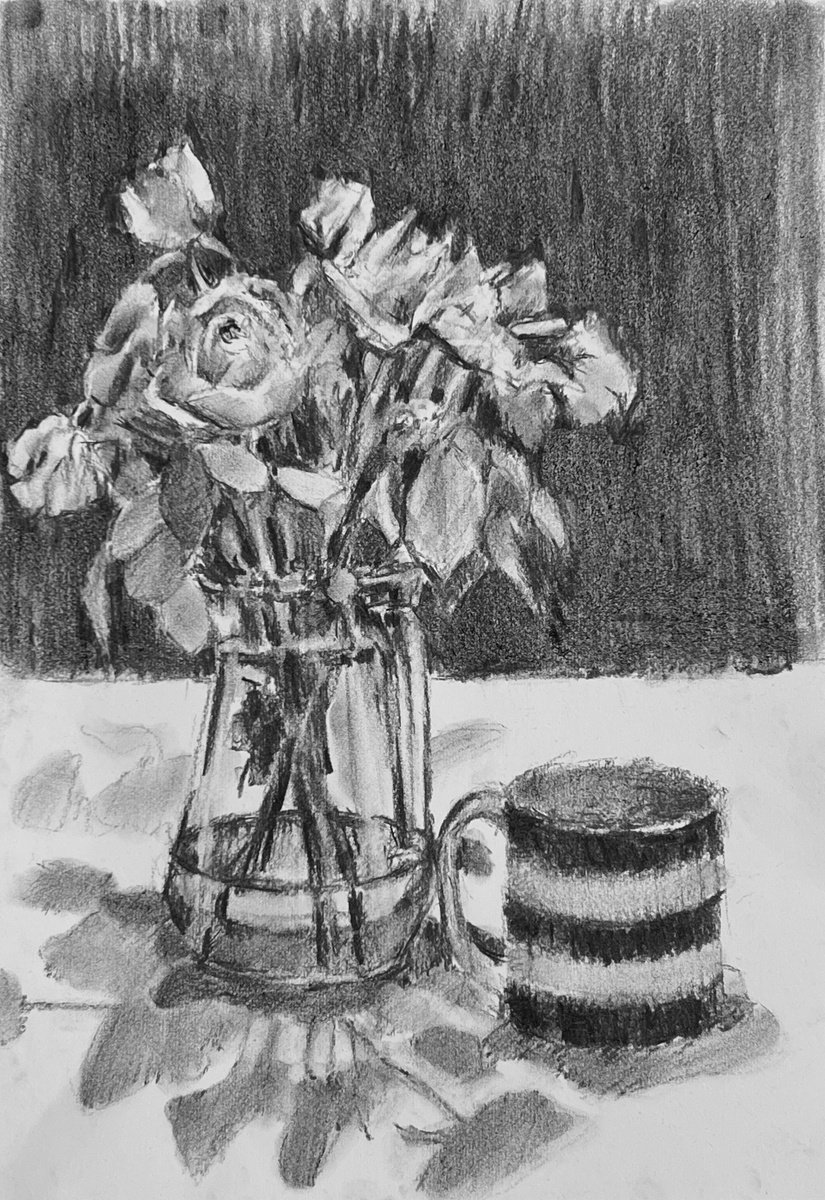 Impressionistic Still Life Charcoal Drawing By Louise Gillard, 12 X 17", Flowers And Cornishware, Original Artwork
