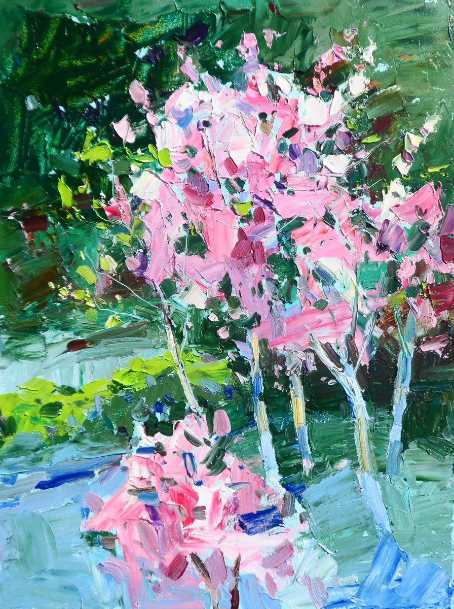 Impressionistic Landscape Oil Painting By Yehor Dulin, 12 X 16", " Flowering Trees", Original Artwork