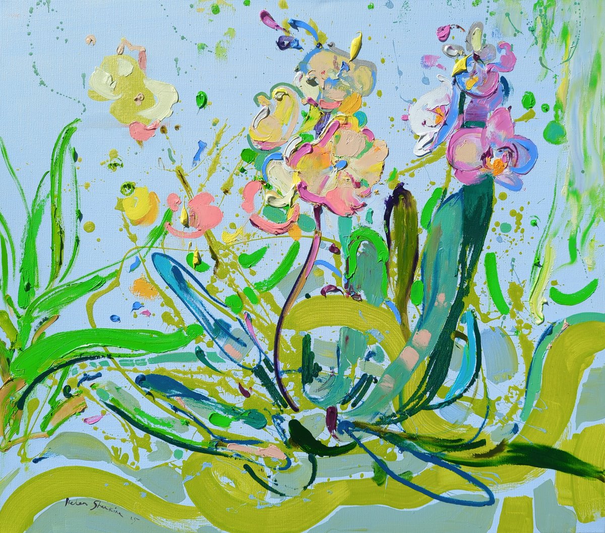 Naive Botanical Oil Painting By Helen Shukina, 31 X 28, Lightness Of An Orchid, Original Artwork