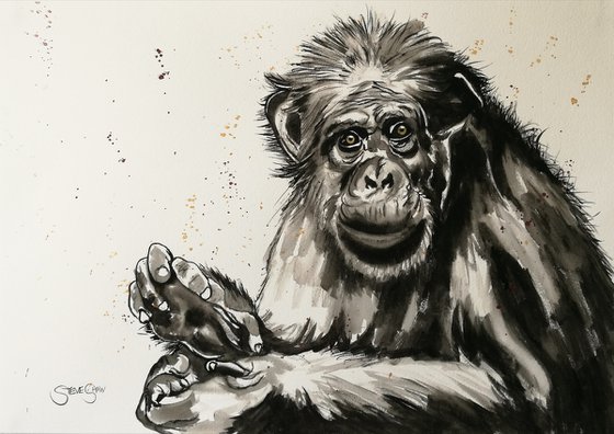 Happy Monkey. Chimpanzee Watercolour Painting on paper. Free Shipping